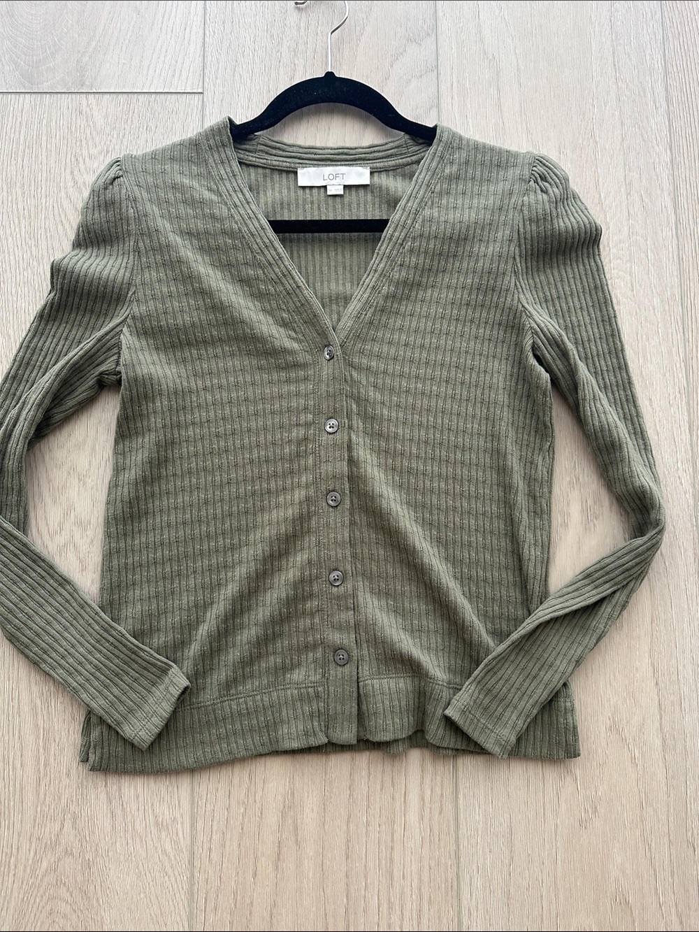 LOFT Olive Green Ribbed V-Neck Buttoned Long Sleeve Top
